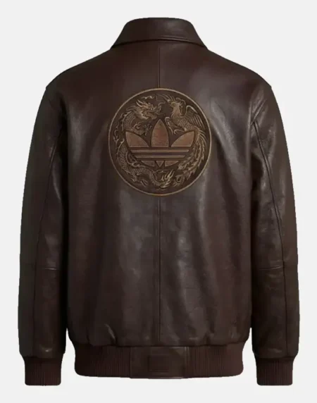 Adidas CNY Dark Brown Leather Bomber Jacket Back
