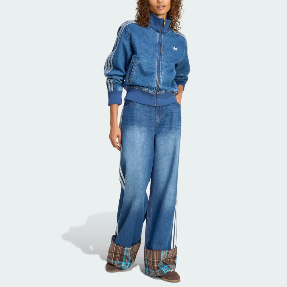 VINTAGE WIDE Blue LEG JEANS WITH CHECKED SEAM
