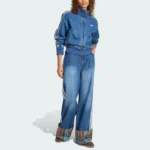 VINTAGE WIDE Blue LEG JEANS WITH CHECKED SEAM